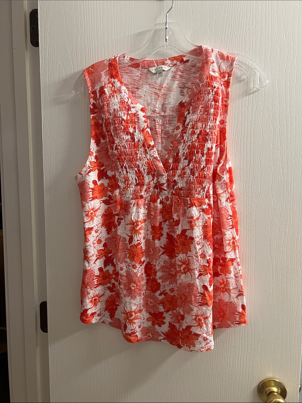 Lucky Brand Coral and White Floral Smocked Muscle Tee